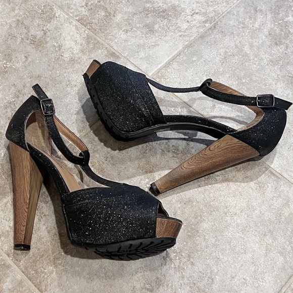 JustFab platform T strap open toe heels black sparkle size 8.5 - Picture 2 of 12